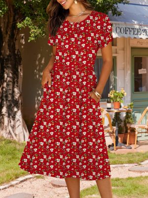 Women's Summer Short Sleeve A-Line Midi Dresses Casual Floral T-Shirt Dress Flowy Beach Sundress with Pockets