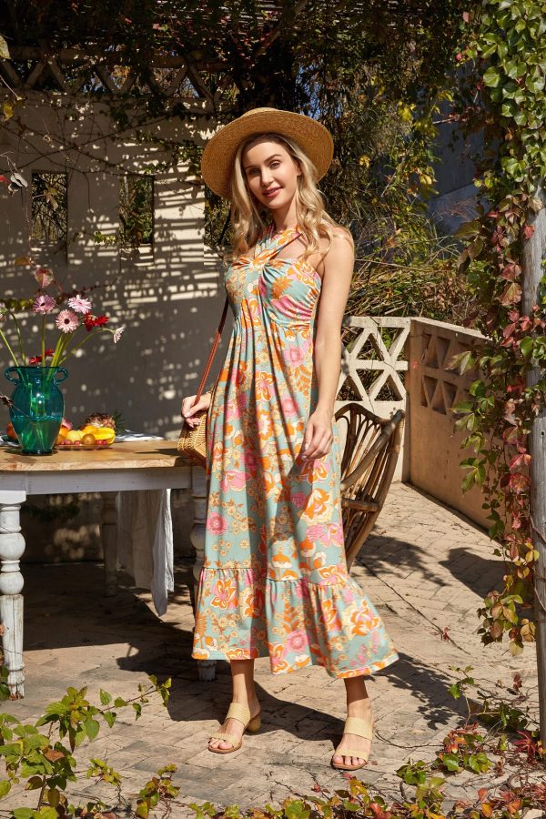 2025 Women's Criss Cross Halterneck Sleeveless Summer Floral Print Flowy A Line Maxi Dress