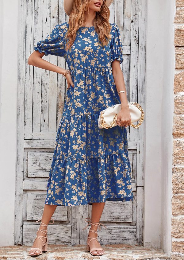 Women's Summer Casual Floral Boho Dress Puff Short Sleeve Ruffle Flowy Beach Party Midi Dresses
