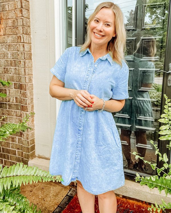 Women's Short Sleeve Button Down Flowy Tiered Babydoll Denim Dress