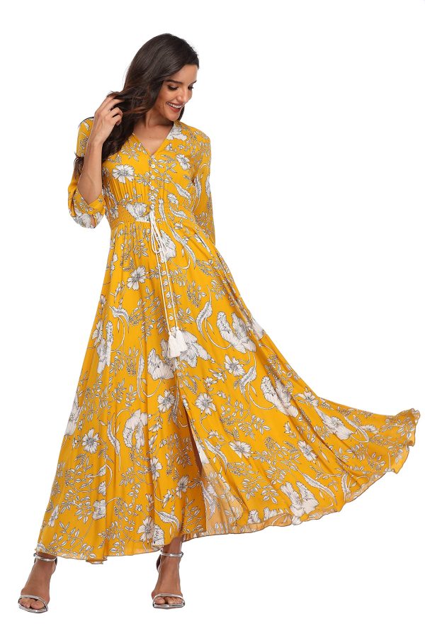 Summer Floral Print Maxi Dress Women Button Up Split Long Flowy Bohemian Beach Party Dresses