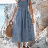 Women's Summer Dress Square Neck Striped Smocked Dress Ruffled Cap Sleeves Dress A Line Maxi Formal Dress