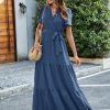 Womens Summer Swiss Dot Maxi Dressses Wrap V Neck Flutter Short Sleeve Boho Casual Flowy Long Wedding Guest Dress