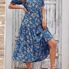 Women's Summer Casual Floral Boho Dress Puff Short Sleeve Ruffle Flowy Beach Party Midi Dresses