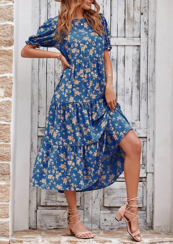 Women's Summer Casual Floral Boho Dress Puff Short Sleeve Ruffle Flowy Beach Party Midi Dresses