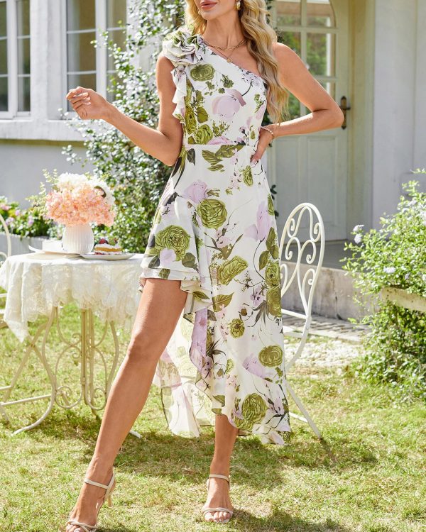Womens Summer One Shoulder Sleeveless Dresses Floral Flowy Ruffle High Low Wedding Guest Maxi Sundresses