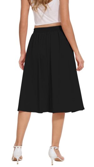 Women's Flowy Midi Skirt Summer Pleated High Waisted Casual Button Front Skirts with Pockets