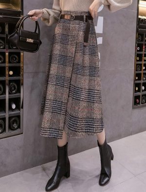 Women's Vintage Plaid Wool Blend Midi Skirt Houndstooth A Line Wool Long Skirt with Belt