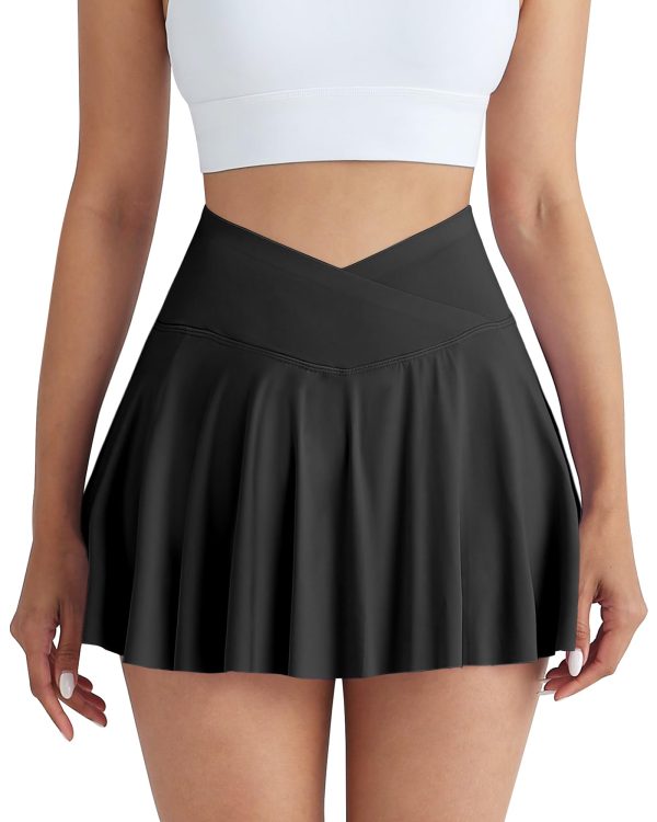 Women Tennis Golf Skirt with Pockets - High Waisted Crossover Golf Pleated Athletic Workout Dress Running Skort
