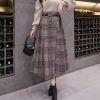 Women's Vintage Plaid Wool Blend Midi Skirt Houndstooth A Line Wool Long Skirt with Belt