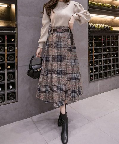 Women's Vintage Plaid Wool Blend Midi Skirt Houndstooth A Line Wool Long Skirt with Belt