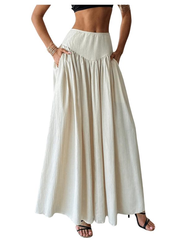 Women's Pleated Flowy Long Skirts High Waist Maxi Skirt with Pocket