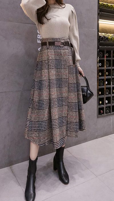 Women's Vintage Plaid Wool Blend Midi Skirt Houndstooth A Line Wool Long Skirt with Belt