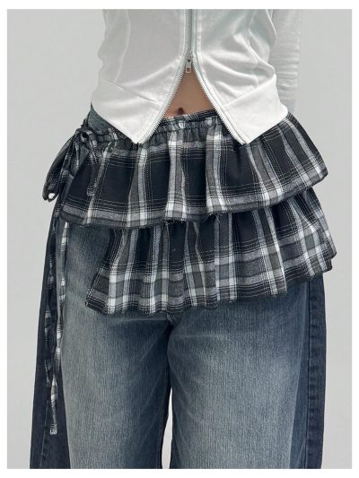 Women's Plaid Layered Ruffle Side Tie Y2k Low Rise Coquette Wrap Micro Mini Skirt