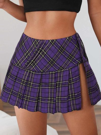 Mini Plaid Slit Skirt Women's US Size Pleated Skirt Schoolgirl Uniform, Multicolour