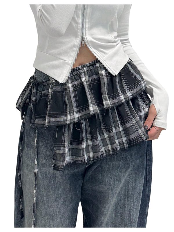 Women's Plaid Layered Ruffle Side Tie Y2k Low Rise Coquette Wrap Micro Mini Skirt