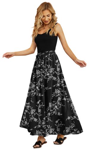 Women's Flowy Maxi Skirt Summer Pleated High Waisted Casual Long Skirts with Pockets
