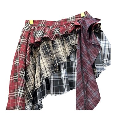 Women's Y2k High Waist Plaid Patchwork Tiered Pleated Asymmetrical Hem Mini Skirt