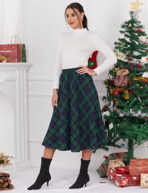 Women’s Plaid Skirt Elastic Waist A-line Midi Pleated Skirts