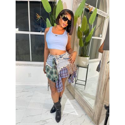 Gothic European and American Women's Clothing, Sexy Irregular Plaid Skirt, Design Sense Patchwork Denim Short Skirt