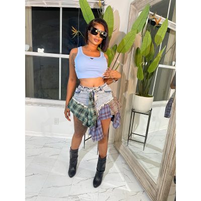 Gothic European and American Women's Clothing, Sexy Irregular Plaid Skirt, Design Sense Patchwork Denim Short Skirt
