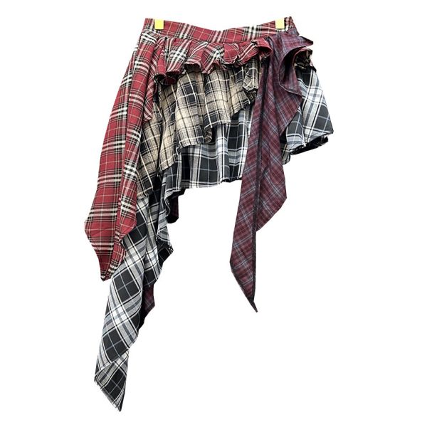 Women's Y2k High Waist Plaid Patchwork Tiered Pleated Asymmetrical Hem Mini Skirt