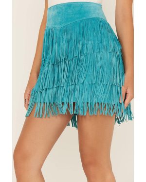 Women's Fringe Tiered Suede Mini Skirt - L704-Trq