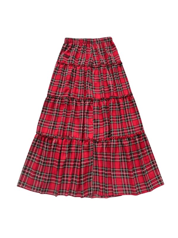 Women's Plaid High Waisted A Line Skirt Ruffle Hem Layered Holiday Maxi Skirts