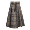 Women's Vintage Plaid Wool Blend Midi Skirt Houndstooth A Line Wool Long Skirt with Belt