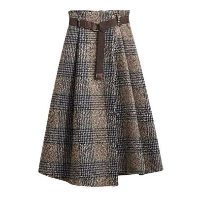 Women's Vintage Plaid Wool Blend Midi Skirt Houndstooth A Line Wool Long Skirt with Belt