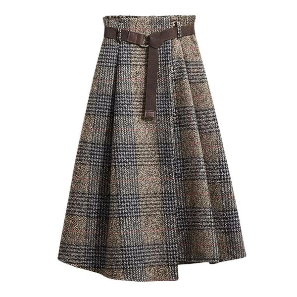 Women's Vintage Plaid Wool Blend Midi Skirt Houndstooth A Line Wool Long Skirt with Belt
