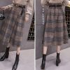 Women's Vintage Plaid Wool Blend Midi Skirt Houndstooth A Line Wool Long Skirt with Belt