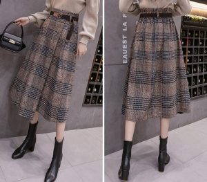 Women's Vintage Plaid Wool Blend Midi Skirt Houndstooth A Line Wool Long Skirt with Belt