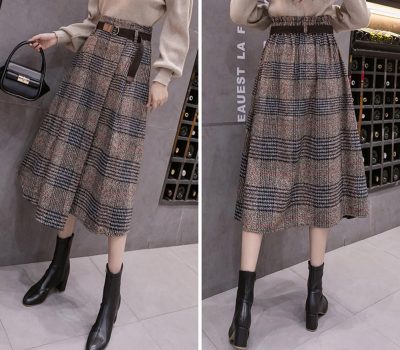 Women's Vintage Plaid Wool Blend Midi Skirt Houndstooth A Line Wool Long Skirt with Belt