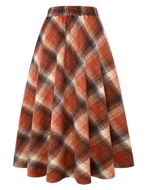 Long Plaid Wool Skirt for Womens Winter Fall Warm High Elastic Waist A line Flared Pleated Wool Tartan Skirts