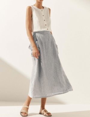 Womens Plaid Midi Skirt Flowy Elastic High Waist Long Skirts with Pockets