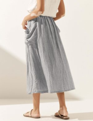 Womens Plaid Midi Skirt Flowy Elastic High Waist Long Skirts with Pockets