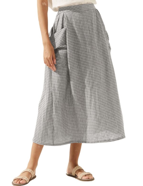 Womens Plaid Midi Skirt Flowy Elastic High Waist Long Skirts with Pockets