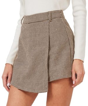Women's Casual High Waisted Asymmetrical Hem A-line Plaid Faux Leather Dressy Wrap Skort Shorts