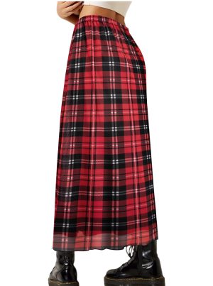 Women Mesh Floral Boho High Waist Midi Skirt Lettuce Trim Summer A Line Skirt