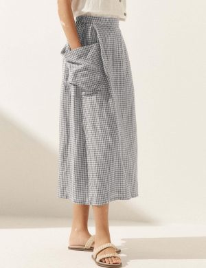 Womens Plaid Midi Skirt Flowy Elastic High Waist Long Skirts with Pockets