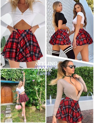 Pleated Mini Skirt Plaid Skirts High Waist A Line Skater Skirt for Lingerie Schoolgirl